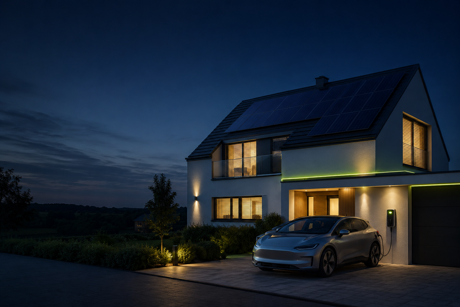 Modernes Wohnhaus mit Photovoltaikanlage, Wallbox und Elektrofahrzeug